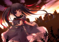  akemi_homura alternate_hairstyle black_hair blush city_skyline cloud dress hair_ribbon mahou_shoujo_madoka_magica purple_dress purple_eyes ribbon silhouette sky smile solo sunset twintails violet_eyes wreathlit69 