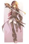  blonde_hair coat fruit_punch glasses gloves gradient_hair green_eyes long_hair male multicolored_hair pants red_hair redhead richter_abend shoes smile solo sword tales_of_(series) tales_of_symphonia tales_of_symphonia_knight_of_ratatosk walking weapon 