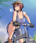  baseball_cap bicycle bike_shorts blush breasts brown_eyes brown_hair cleavage gloves hat large_breasts midriff navel rozen_maiden rozenweapon shoes short_hair solo souseiseki sports_bra sweat 