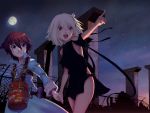  dress fragile moon night red_eyes red_hair redhead ren_(fragile) seto_(fragile) short_hair sky stars white_hair 