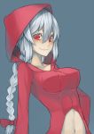  braid breasts hood impossible_clothes impossible_clothing kanna_raion little_red_riding_hood little_red_riding_hood_(grimm) long_hair looking_at_viewer navel original red_eyes silver_hair simple_background single_braid smile solo 