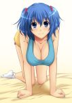  all_fours bed blue_eyes blue_hair breasts chiro cleavage footwear hair_bobbles hair_ornament hanging_breasts kawashiro_nitori large_breasts looking_at_viewer nail_polish no_hat no_headwear no_shoes on_bed short_hair shorts smile socks solo touhou twintails white_legwear 