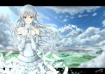  blush cloud dress feathers grey_eyes hands_clasped letterboxed long_hair looking_at_viewer original outside_of_border scenery silver_hair sky solo strapless_dress yankata 