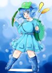  1girl absurdres artist_request backpack bag blue_eyes blue_hair blush boots breasts bubble cattail cucumber hair_bobbles hair_ornament hat highres huge_breasts kawashiro_nitori key large_breasts open_mouth plant pocket pockets randoseru ryounosuke short_hair skirt solo surprised touhou twintails 