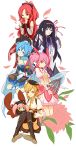  akemi_homura apple arm_warmers blonde_hair bow charlotte_(madoka_magica) drill_hair food fruit hadesha hair_bow hair_ornament hair_ribbon hairclip highres holding holding_apple holding_fruit instrument kaname_madoka long_hair magical_girl mahou_shoujo_madoka_magica miki_sayaka multiple_girls pink_hair ribbon sakura_kyouko soul_gem thigh-highs thighhighs tomoe_mami twintails vertical-striped_legwear vertical_stripes violin 