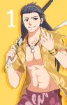  black_eyes black_hair bracelet celestial_s grin hairband jewelry long_hair male middle_finger necklace number open_clothes over_shoulder pii_(celestial_songs) shirt shorts smile solo sword tales_of_(series) tales_of_vesperia weapon weapon_over_shoulder yellow_background yuri_lowell 