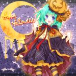 aqua_hair halloween happy_halloween jack-o&#039;-lantern jack-o'-lantern original pumpkin pumpkin_hat purple_eyes short_hair solo thigh-highs thighhighs violet_eyes yonema 