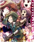  arm_up beret boots brown_eyes coat fruit_punch gloves green_hair grey_eyes grin happy hat hermana_larmo open_mouth piggyback pointing purple_hair raised_arm scarf short_hair smile spada_belforma tales_of_(series) tales_of_innocence title_drop wink zoom_layer 