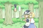  3girls alice_margatroid apron ascot black_dress blonde_hair blue_dress blue_eyes braid capelet dress flying_sweatdrops forest grass hair_ribbon hairband hanging hat in_tree kirisame_marisa multiple_girls nature open_mouth red_eyes ribbon rumia taiga_mahoukan touhou tree upside-down witch witch_hat yellow_eyes youkai 