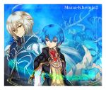  blue_eyes blue_hair brown_eyes coat gust long_hair male mana_khemia mana_khemia_2 multiple_boys necktie noraring rewrich_wallach rozeluxe_meitzen title_drop white_hair 