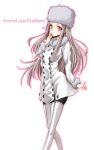  blush boots character_name coat eyelashes fate/stay_night fate/zero fate_(series) fur_hat fur_trim hand_to_mouth hat highres irisviel_von_einzbern long_hair pantyhose pink_eyes red_eyes solo thigh-highs thigh_boots thighhighs white_hair 