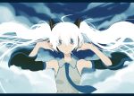  ahoge alternate_hair_color aqua_eyes arms_up bad_id cloud clouds floating_hair hands_on_headphones harano hatsune_miku headphones letterboxed long_hair necktie sky solo tie twintails very_long_hair vocaloid white_hair 