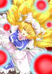  archienemy arm_garter blonde_hair breasts danmaku fox_tail from_above hands_in_sleeves hat long_sleeves looking_up multiple_tails open_mouth short_hair solo tail touhou yakumo_ran yellow_eyes 