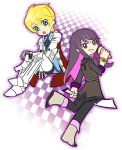  armor blonde_hair blue_eyes boots checkered checkered_background coat flynn_scifo food gloves greaves ice_cream long_hair looking_back male mikou_(monpamanpe) multicolored_hair multiple_boys pants panty_&amp;_stocking_with_garterbelt parody pink_hair purple_eyes purple_hair smile standing_on_one_leg style_parody sword tales_of_(series) tales_of_vesperia two-tone_hair violet_eyes weapon yuri_lowell 