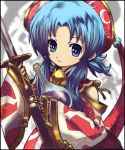  anna_laemmle blue_eyes blue_hair detached_sleeves flask gust hat lowres mana_khemia noraring payot short_hair smile solo sword weapon 