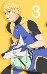  alternate_costume blonde_hair blue_eyes celestial_s diving_suit dog flynn_scifo male number pii_(celestial_songs) repede skin_tight smile tales_of_(series) tales_of_vesperia yellow_background 