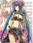  breasts character_name elf fruit_punch gloves hair_bun judith long_hair midriff navel pointy_ears red_eyes smile solo tales_of_(series) tales_of_vesperia twintails zoom_layer 