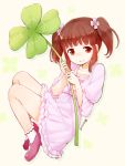  1girl blush brown_eyes brown_hair clover dress four-leaf_clover hair_ornament idolmaster idolmaster_cinderella_girls looking_at_viewer nagian ogata_chieri short_hair smile solo twintails 