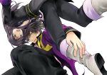  :o black_eyes black_hair boots coat from_below green_eyes long_hair male messy_hair mikou_(monpamanpe) multiple_boys open_mouth pants ponytail raven raven_(tov) surprised tales_of_(series) tales_of_vesperia upside-down white_background yuri_lowell 