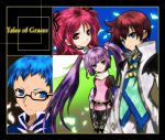  asbel_lhant blue_eyes blue_hair bodysuit brown_eyes cheria_barnes coat glasses hubert_ozwell long_hair noraring pink_hair purple_eyes purple_hair red_hair redhead smile sophie_(tales_of_graces) tales_of_(series) tales_of_graces title_drop twintails violet_eyes 