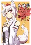  animal animal_ears bare_shoulders breast_suppress breasts bust detached_sleeves hat inubashiri_momiji looking_at_viewer red_eyes short_hair silver_hair simple_background smile solo tail tokin_hat touhou whitesesame wolf_ears wolf_tail 