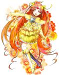  boots bow brooch bubble_skirt choker circlet cure_muse cure_muse_(yellow) dress floral_background frills hair_ribbon heart highres jewelry long_hair magical_girl orange_(color) orange_background orange_hair precure red_eyes ribbon shawl shirabe_ako smile solo suite_precure twintails wi yellow_dress 