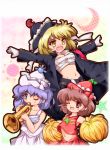  ;d blonde_hair blue_eyes breasts brown_eyes brown_hair cheerleader cleavage crescent frills gloves happy hat instrument lunasa_prismriver lyrica_prismriver merlin_prismriver midriff multiple_girls navel open_mouth outstretched_arms pom_poms purple_hair sarashi short_hair siblings sisters skirt smile spread_arms star touhou trench_coat trumpet white_gloves wink yellow_eyes zipang 
