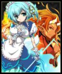  1girl aqua_eyes black_background blue_dress blue_hair breasts dress fire gloves grin gust hairband horns long_hair lowres mana_khemia mana_khemia_2 noraring orange_hair orange_skin pointy_ears puffy_sleeves red_eyes red_skin short_hair smile wuim yun_(mana_khemia_2) 