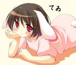  :3 amakara_surume animal_ears arm_support blush brown_hair bunny_ears bunny_tail character_name chin_rest inaba_tewi lying on_stomach red_eyes solo tail touhou 