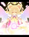  alternate_color alternate_element alternate_wings angel_wings bad_id blonde_hair bow cirno closed_eyes dress eyes_closed feathers fujisaki_kaon glowing hair_bow letterboxed light_smile neck_ribbon ribbon short_hair smile solo touhou wings 