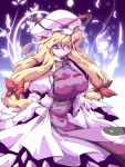  blonde_hair breasts dress dress_lift floral_background flower hair_ribbon hat hat_ribbon light_smile long_hair purple_eyes ribbon shuushokuna_ekus skirt skirt_lift solo tabard touhou trigram violet_eyes white_dress yakumo_yukari 