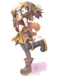  black_legwear brown_hair detached_sleeves fruit_punch green_eyes hair_ornament hairpin happy midriff nan open_mouth pantyhose shoes short_hair side_ponytail smile solo spandex standing_on_one_leg tales_of_(series) tales_of_vesperia 
