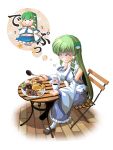 bare_shoulders chamupei coffee contemporary cup detached_sleeves doughnut eating fat fork frog green_hair hair_ornament highres imagining knife kochiya_sanae long_hair sitting skirt snake solo table touhou truth very_long_hair