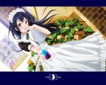 bangs blouse blue_hair blush bow bowtie brick brick_wall collar copyright_notice cup dress drink dutch_angle finger_to_face frills glass ice idol ivy leaf logo long_hair love_live!_school_idol_project maid maid_headdress murota_yuuhei necktie official_art outstretched_arm payot plant pocket poster poster_(object) ribbon solo sonoda_umi sunlight teeth tray wallpaper watermark window wood yellow_eyes 