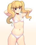  armpits arms_up bad_id bikini blonde_hair blue_eyes blush flat_chest gradient gradient_background long_hair looking_at_viewer masao navel original solo sweat swimsuit twintails white_bikini 