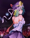  back bare_back bare_shoulders blue_eyes breasts flower ginko_(nico) green_hair hat looking_at_viewer off_shoulder ribbon shikieiki_yamaxanadu shirt short_hair sideboob solo spider_lily touhou undressing white_shirt 