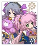  green_eyes grey_hair gust long_hair lowres mana_khemia multiple_girls noraring pamela_ibiss philomel_hartung pink_hair purple_eyes short_twintails smile stuffed_animal stuffed_toy teddy_bear twintails two_side_up violet_eyes 