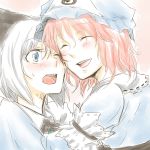  ^_^ blue_eyes blush bust closed_eyes eyes_closed fuji_tsugu hairband hat hug konpaku_youmu multiple_girls open_mouth pink_hair saigyouji_yuyuko short_hair sketch sweatdrop touhou white_hair wince 