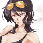  black_hair breasts cigarette cleavage collarbone face mole mouth_hold original portrait purple_eyes simple_background smoke smoking solo sunglasses sunglasses_on_head violet_eyes yamaishi108 