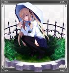  black_legwear blonde_hair blue_eyes checkered checkered_background fence grass hair_ribbon loafers long_hair neck_ribbon original ribbon shoes skirt solo squatting thigh-highs thighhighs twintails umbrella 
