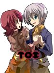  1girl coat fruit_punch green_eyes hand_holding holding_hands iria_animi pants red_eyes red_hair redhead ruca_milda scarf short_hair smile tales_of_(series) tales_of_innocence title_drop white_background white_hair 