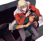  barnaby_brooks_jr blonde_hair brown_eyes brown_hair cabbie_hat cotton_ball couch facial_hair glasses green_eyes green_shirt hat hat_removed jacket jewelry kaburagi_t_kotetsu lap_pillow male mimikaki mmmmm multiple_boys necklace necktie red_jacket short_hair stubble tiger_&amp;_bunny tissue vest waistcoat wedding_band wince 