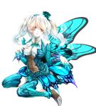  blush bnahabra_(armor) breasts butterfly_wings capcom hairband hand_on_own_chest hand_to_chest monster_hunter monster_hunter_portable_3rd nail_polish rathke red_eyes simple_background sitting solo twintails wariza white_hair wings 
