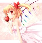  adapted_costume alternate_costume apple babydoll bare_shoulders blonde_hair bow breasts dress flandre_scarlet food fruit hair_bow hair_bun heart holding holding_apple holding_fruit mini_hat nullken red_eyes see-through_silhouette short_hair side_ponytail solo the_embodiment_of_scarlet_devil touhou wings wink 