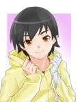  bandage bandages black_hair blush bust error face hoodie kanbaru_suruga looking_at_viewer monogatari_(series) orange_eyes smile solo yamaishi108 