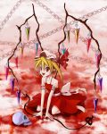  blonde_hair bow chain chains dress fang flandre_scarlet hat highres kneeling open_mouth pointy_ears red_eyes ribbon shinebell short_hair side_ponytail skull smile solo the_embodiment_of_scarlet_devil touhou wings 