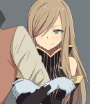  bad_id blue_eyes blush brown_hair gloves guy_cecil hair_over_one_eye hyakuen_raitaa long_hair simple_background smile tales_of_(series) tales_of_the_abyss tear_grants 