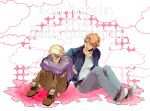  blonde_hair blue_jacket blush bomber_jacket boots ivan_karelin jacket jeans keith_goodman leg_hug letterman_jacket male mmmmm multiple_boys purple_jacket shoes short_hair sitting sneakers tiger_&amp;_bunny 