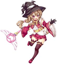  :d black_gloves blush bow brown_hair brown_legwear character_request detached_sleeves gloves hat heart ichijou_hitoshi leg_lift long_hair magical_girl mary_janes open_mouth original pink_eyes shoes simple_background skirt smile solo thigh-highs thighhighs twintails wand witch_hat 