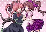  alternate_hairstyle animal_ears bad_id black_dress breast_grab breasts brown_hair cat_ears cat_tail checkered checkered_skirt dress extra_ears fang hair_ribbon hand_holding himekaidou_hatate holding_hands kaenbyou_rin kuromari_(runia) multiple_girls multiple_tails open_mouth purple_eyes red_eyes red_hair redhead ribbon shirt skirt smile tail thigh-highs thighhighs touhou twintails violet_eyes zettai_ryouiki 